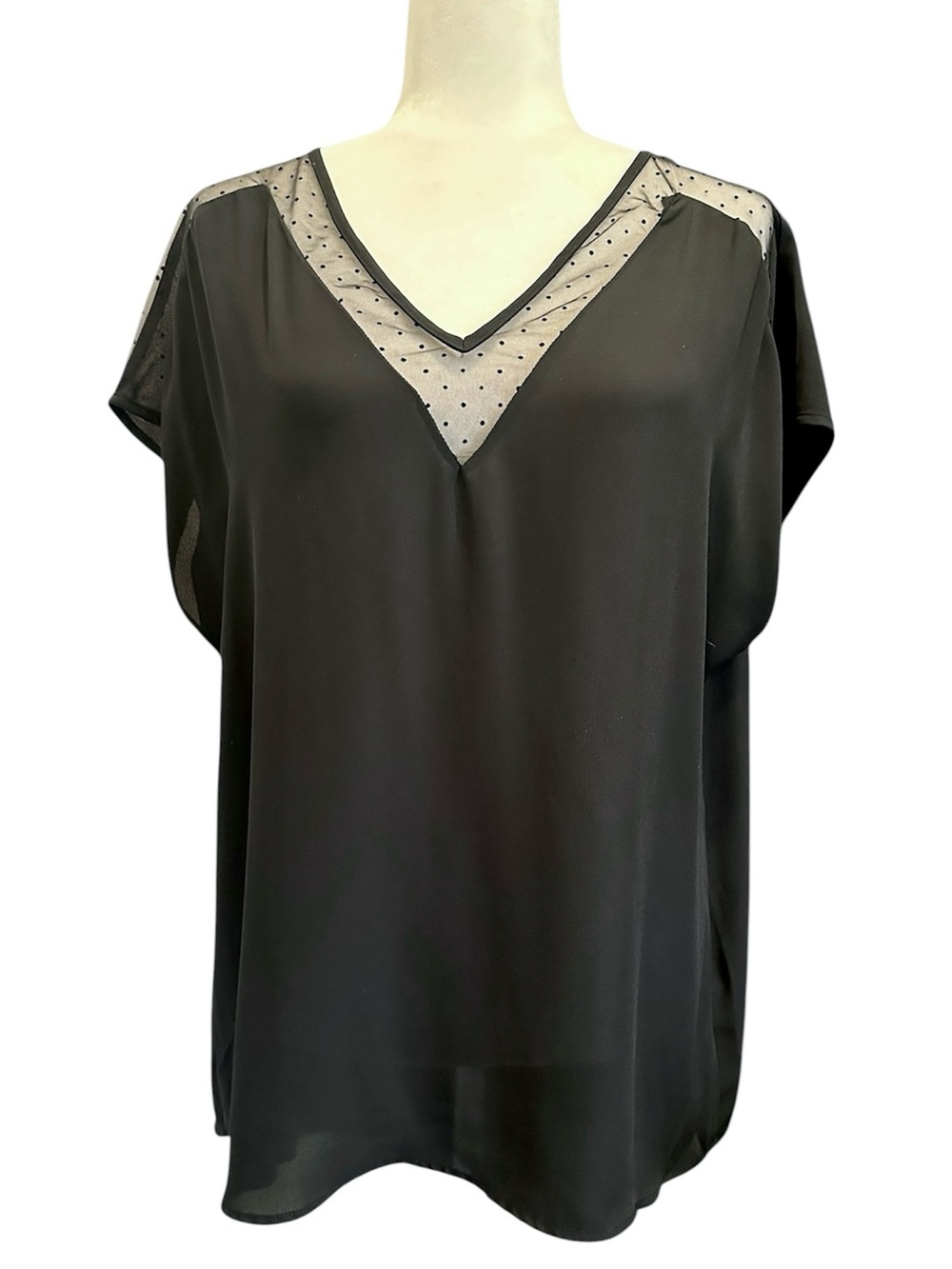 Black Sheer Blouse with V-neck Polka Dot Trim Size Tall XL